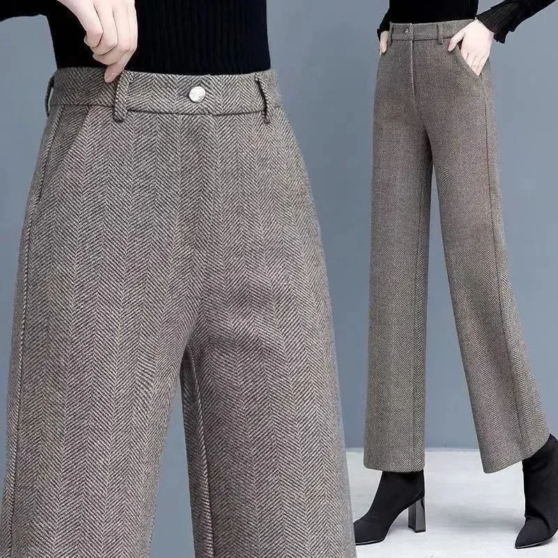 المرأة الصوفية السراويل واسعة الساق الخريف الشتاء سميكة عارضة فضفاض التخسيس مستقيم عارضة السراويل الغربية النسائية #1