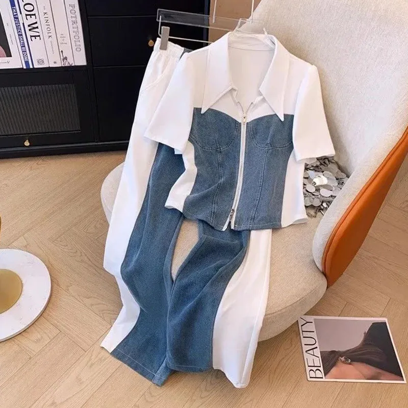 New Fashion Female Trousers Set Spring Autumn Fake Two Pieces Denim Coat Wide Leg Pants Two-Piece Women\'s Casual Sports Sets 4XL