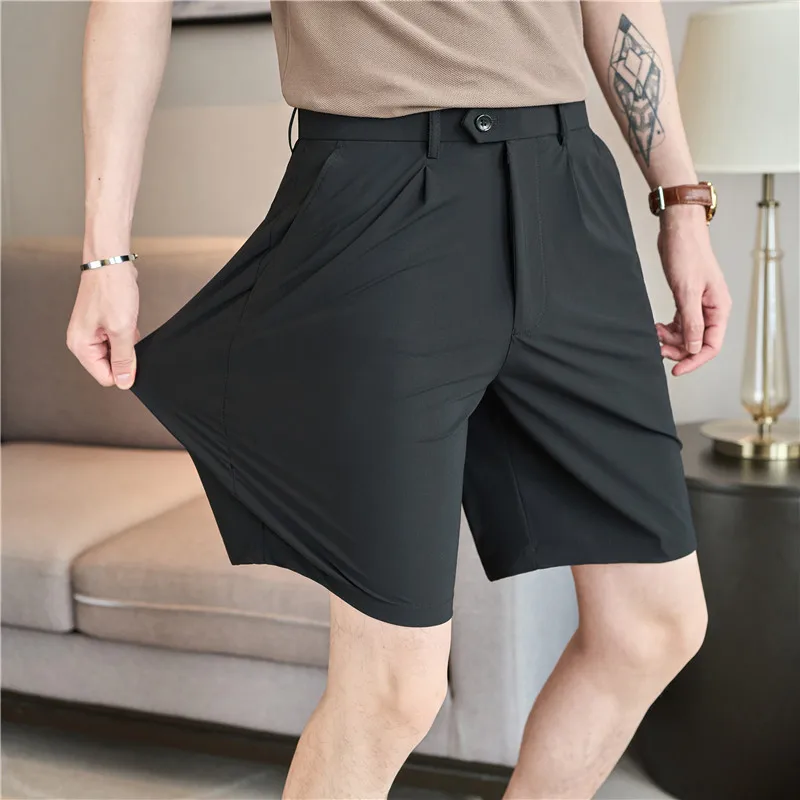 High Stretch Men Shorts 2025 Summer Ice Silk Light Thin Business Casual Suit Shorts Solid Color Slim Fit Knee Length Short Pants
