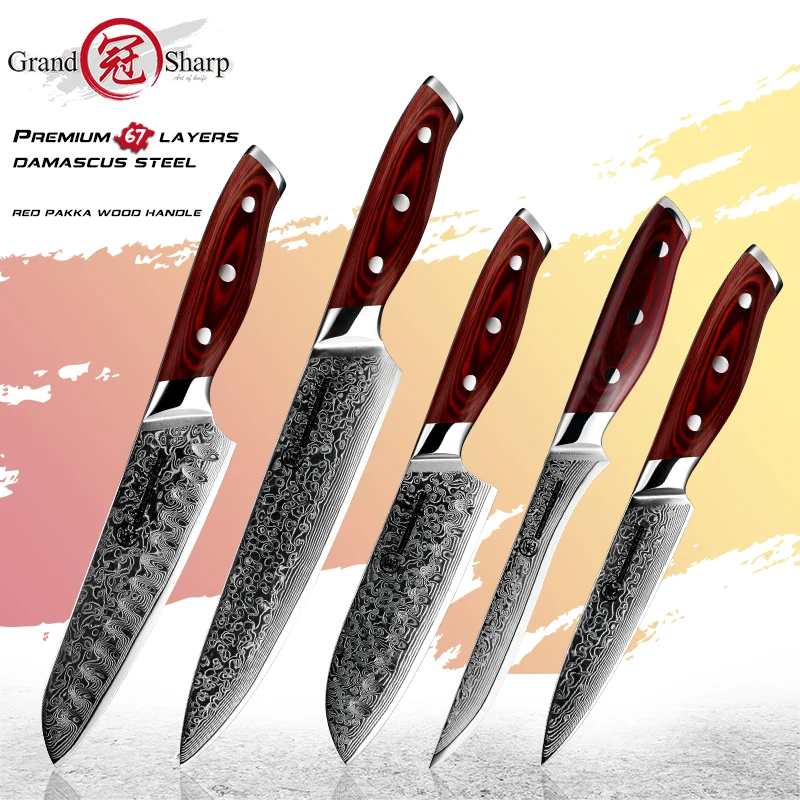 5Pcs Japanese Damascus Knives Sets 67 Layers AUS10 Japanese Damascus Chef Santoku Utility Kitchen Knives Set Gift Box GRANDSHARP