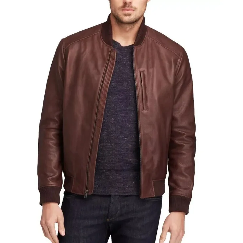 

Men's Winter Fashion Real Lambskin Outerwear Bomber Leather Jacket Zip-Up