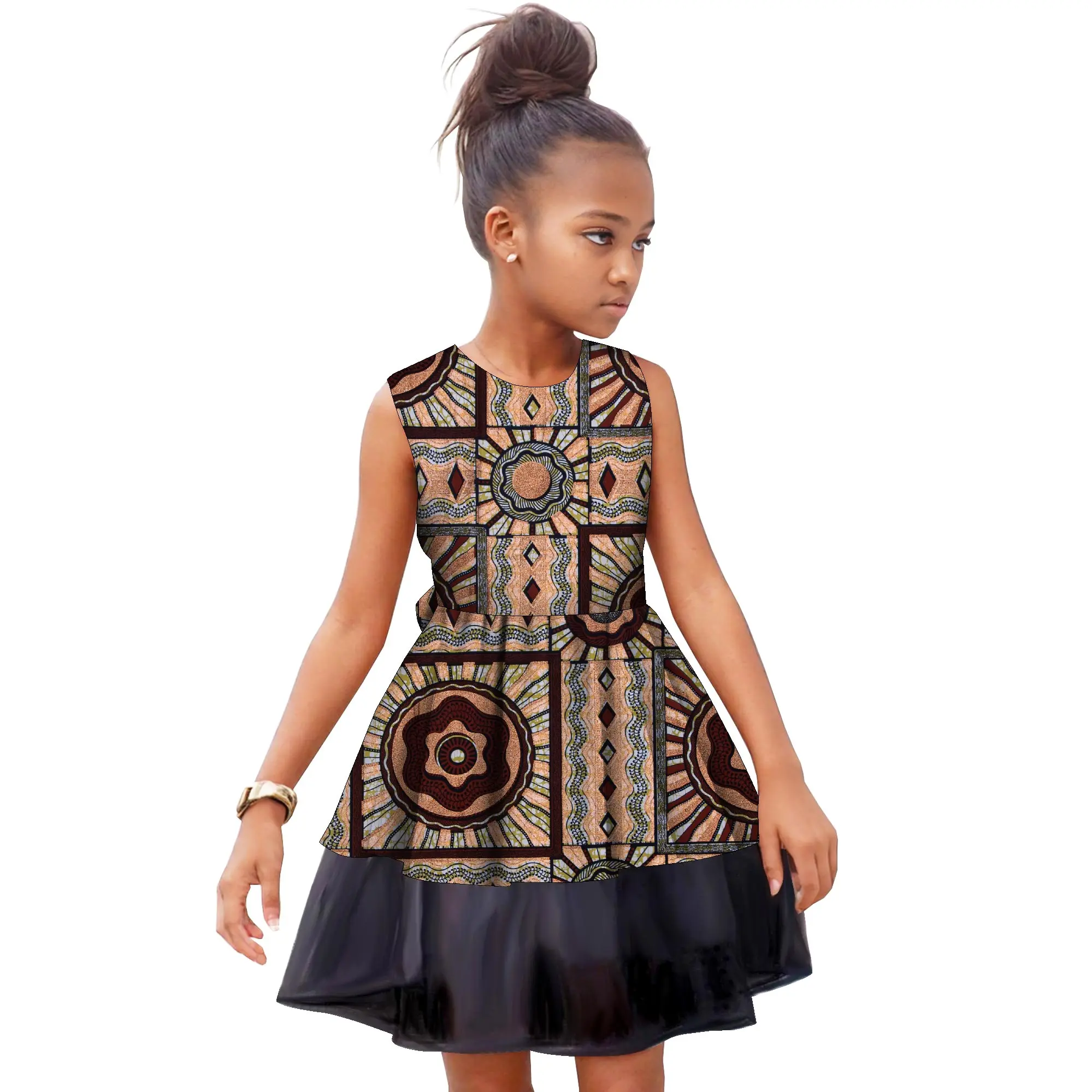 

African Girls Wax Print Gold Foil Dress with Sleeveless High Waist A-Line with Black Tulle Skirt Kids Dashiki Dresses WYT834