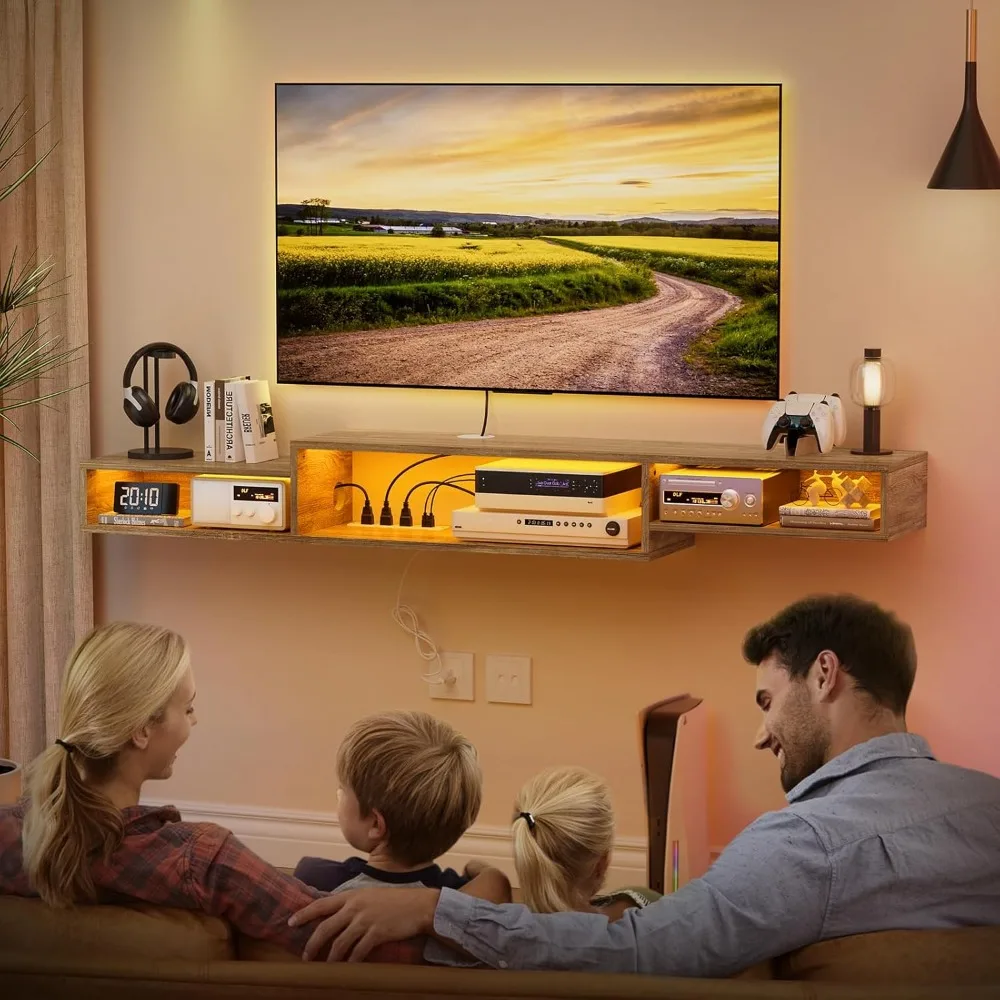 حامل تلفزيون عائم بإضاءة LED مقاس 71 بوصة مع مخرج طاقة ورف تخزين لأجهزة التلفاز المثبتة على الحائط ووحدات الوسائط والترفيه #6