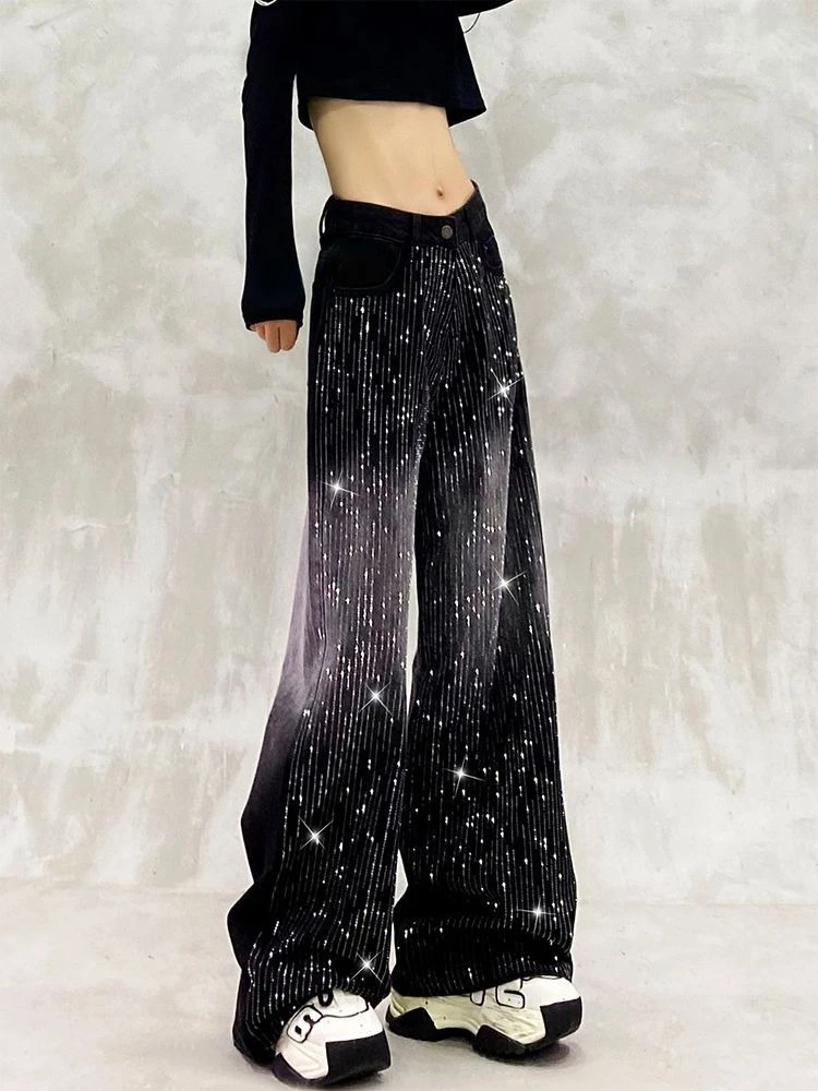

Rhinestone Y2k Aesthetic Women Jeans High Waist Vintage Straight Baggy Harajuku Denim Pants Streetwear Grunge Wide Leg Trouser