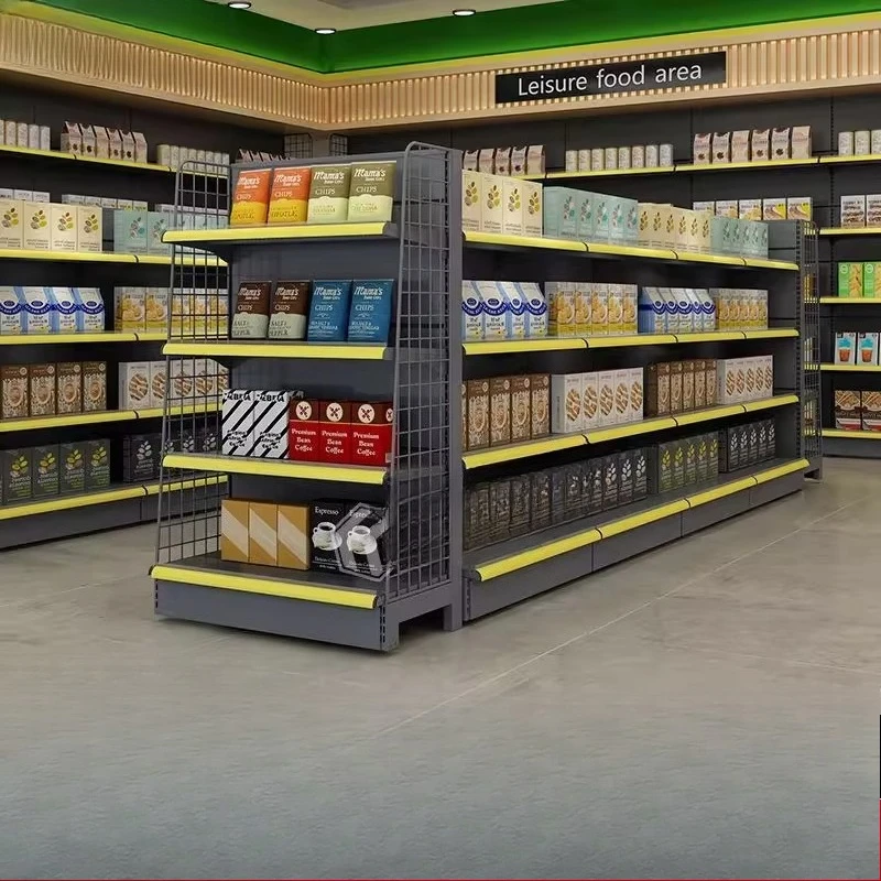 commissary convenience store shelves, hole boards, grocery store daily use, double-sided shelves