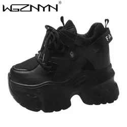 Women Platform Sneakers Lace-up Autumn Sports Dad Shoes High Top Chunky Casual Shoes Woman Thick Bottom Mesh White Shoes 10.5CM