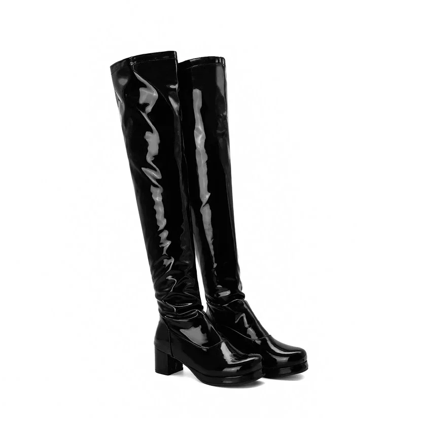 Plus Size Women Thigh High Boots Black Patent Leather Block Heel Sexy Party Lady Roud Toe Winter Zipper Over Knee Platform Shoes