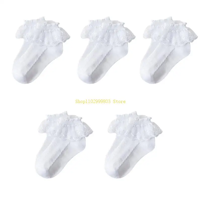 Pack of 5 Pair Girls Frilly Ankle Socks Comfortable Cotton Socks with Delicate Lace for Parties and School J0MF