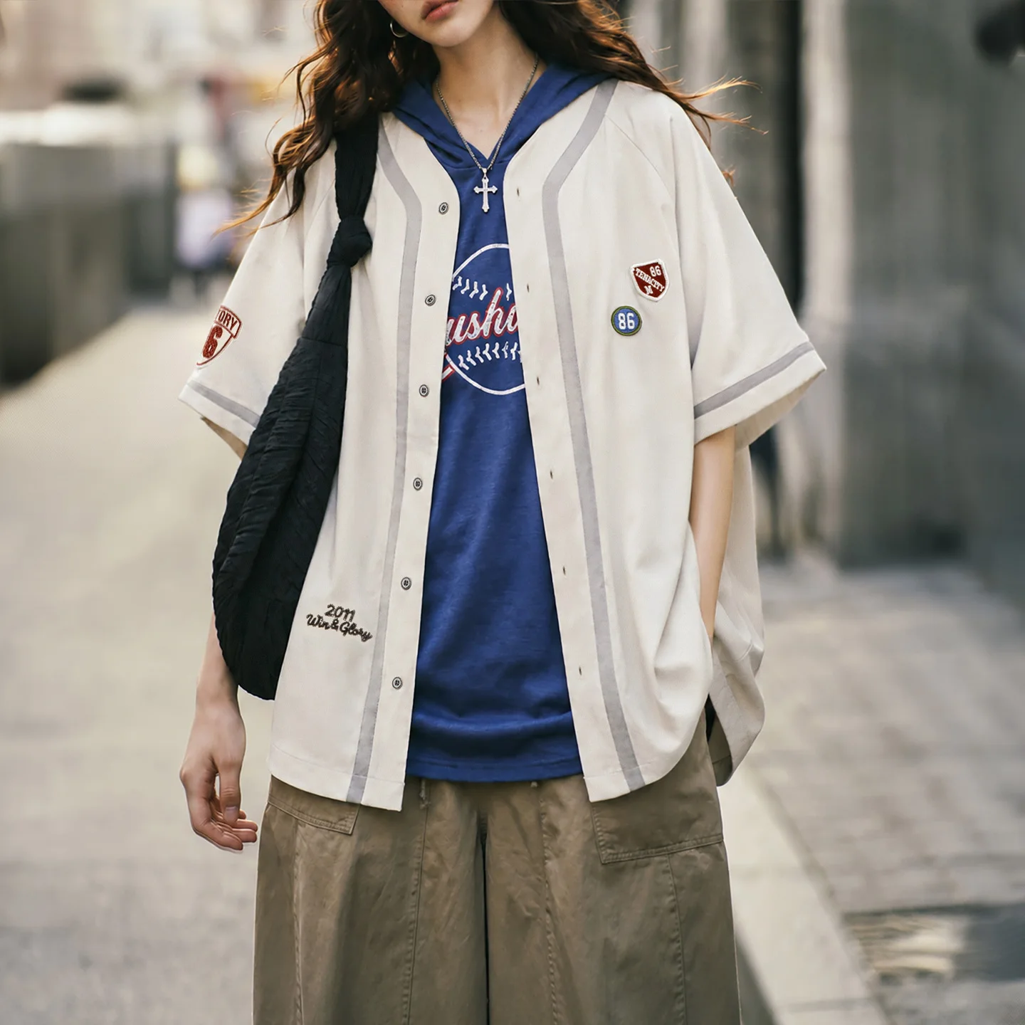 Maden Women's American Retro Half Sleeve Baseball Shirt Open Front Loose Street Dance Style Casual Fashion Daily Summer Trendy