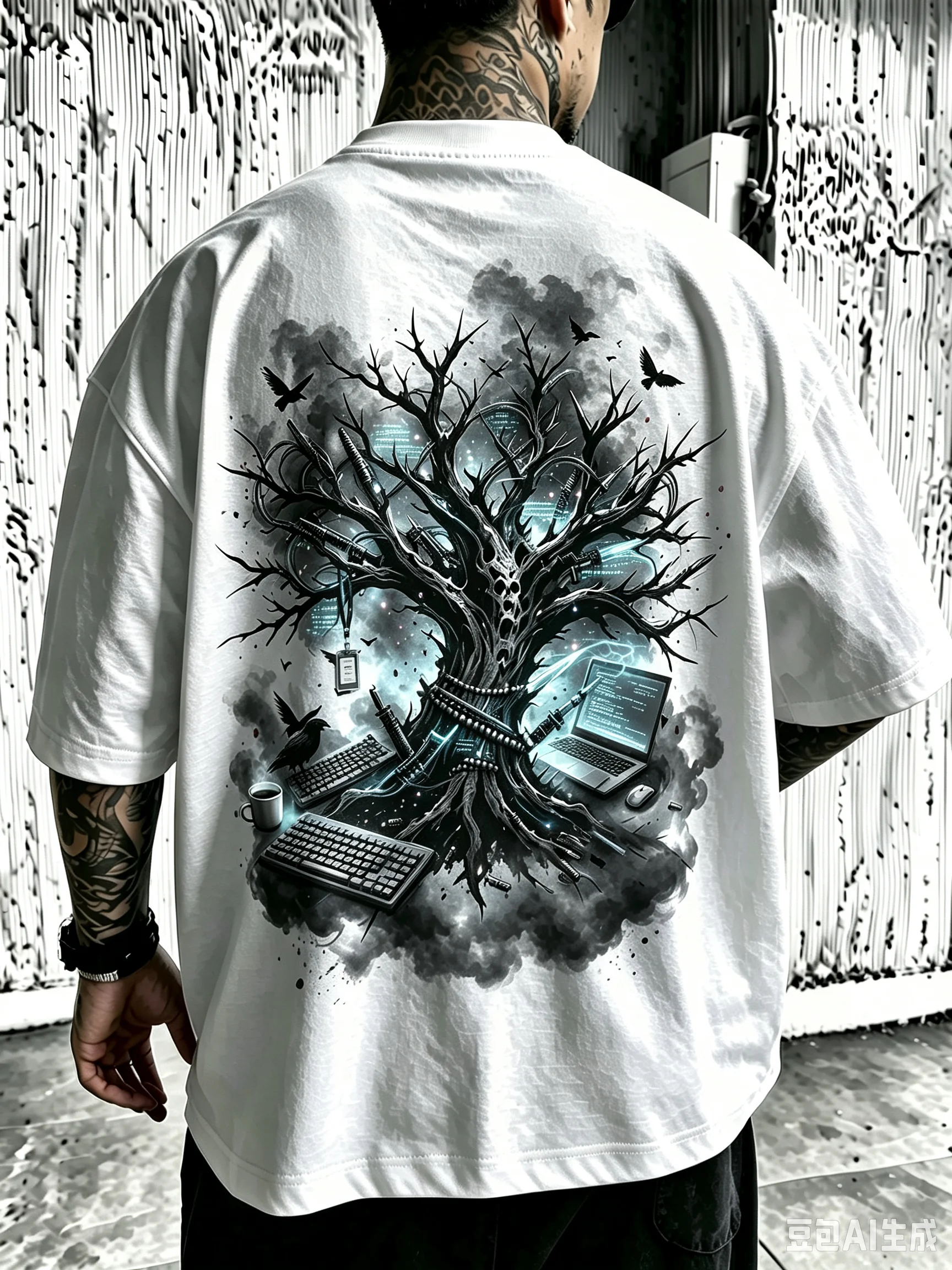 Unisex Oversized T‑Shirt Dark Dead Tree Raven Cyber Hacker Code Thunder Glow Effect Back Print Hip Hop Streetwear Short Sleeve Tee Men Women