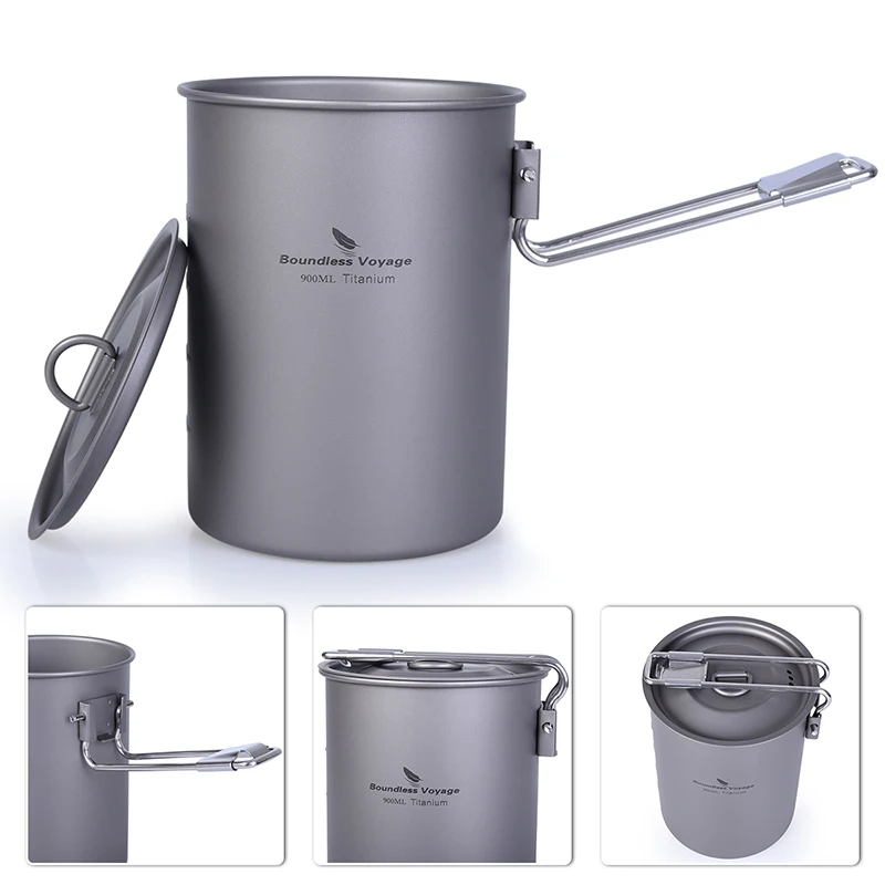 Boundless Voyage-Camping Cookware, Ultralight Outdoor Tableware, Titanium Pot Bowl, Folding Handle, 900ml