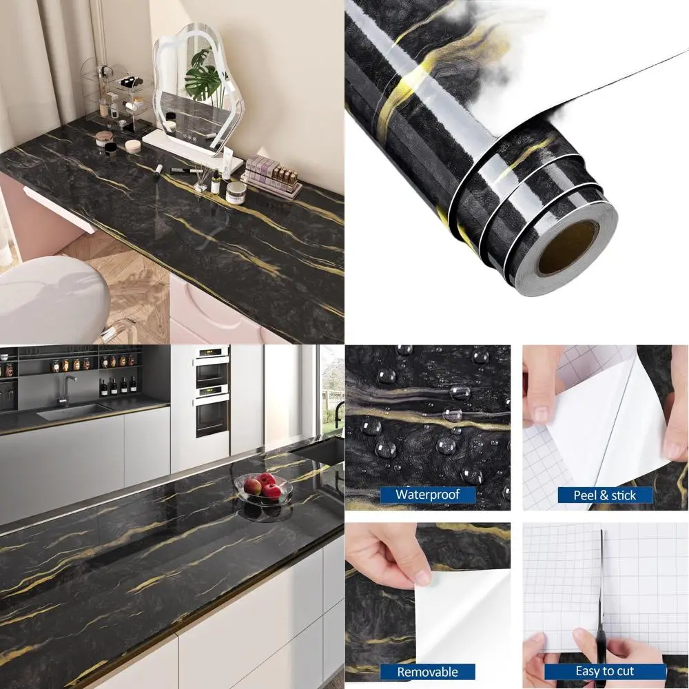

36x200 большие черные золотые мраморные обои с кожурой и наклейкой контактной бумаги водонепроницаемые съемные обои для кухонной столешницы