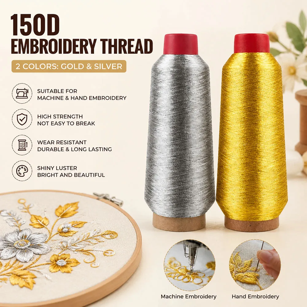150D Gold Silver Thread for Sewing Machine Hand Decorative Sewing Cross Stitch Needle Work Computerized Embroidery