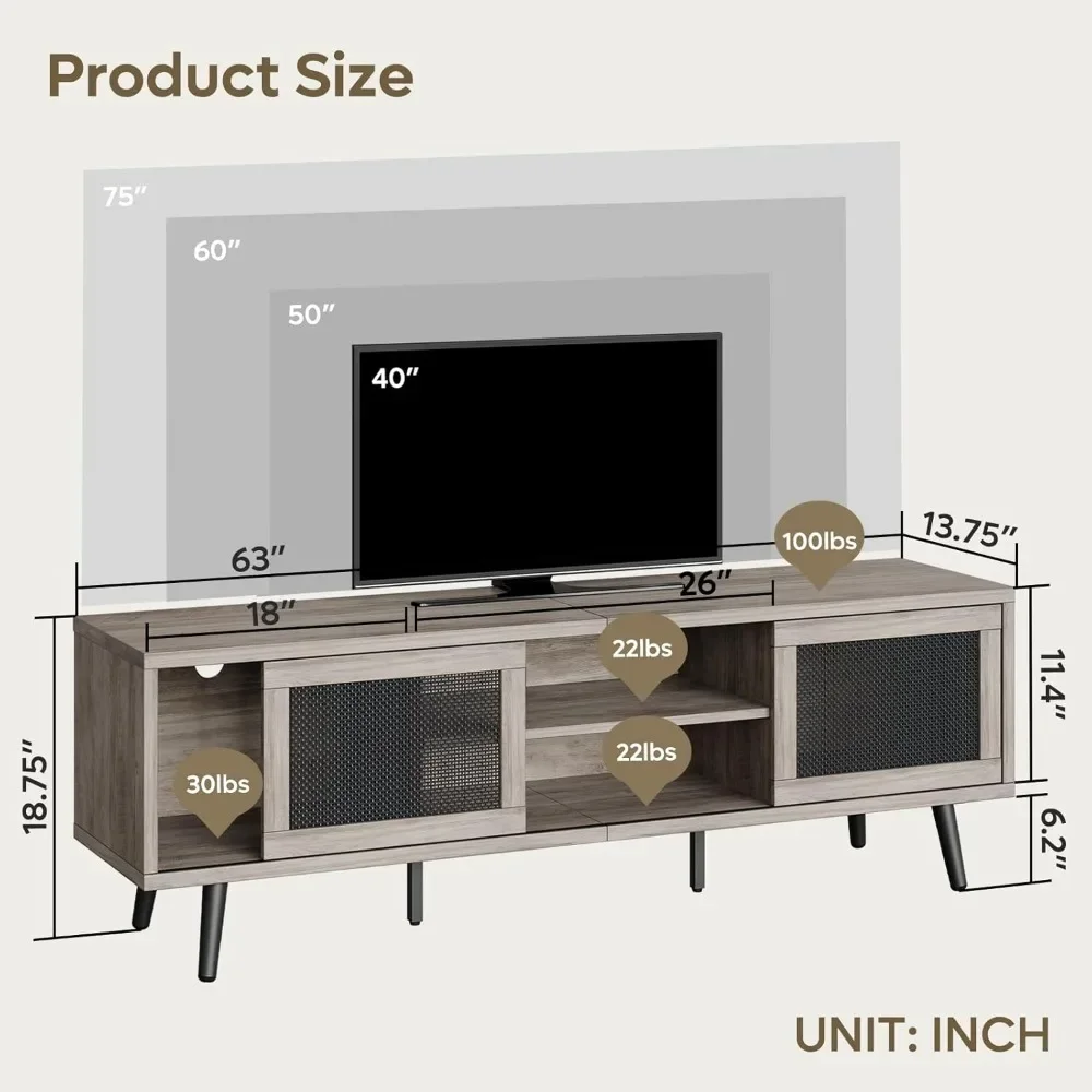 Rattan TV Stand for TVs up to 75 Inch 63’’ Media Console with Sliding Doors Entertainment Center with Storage