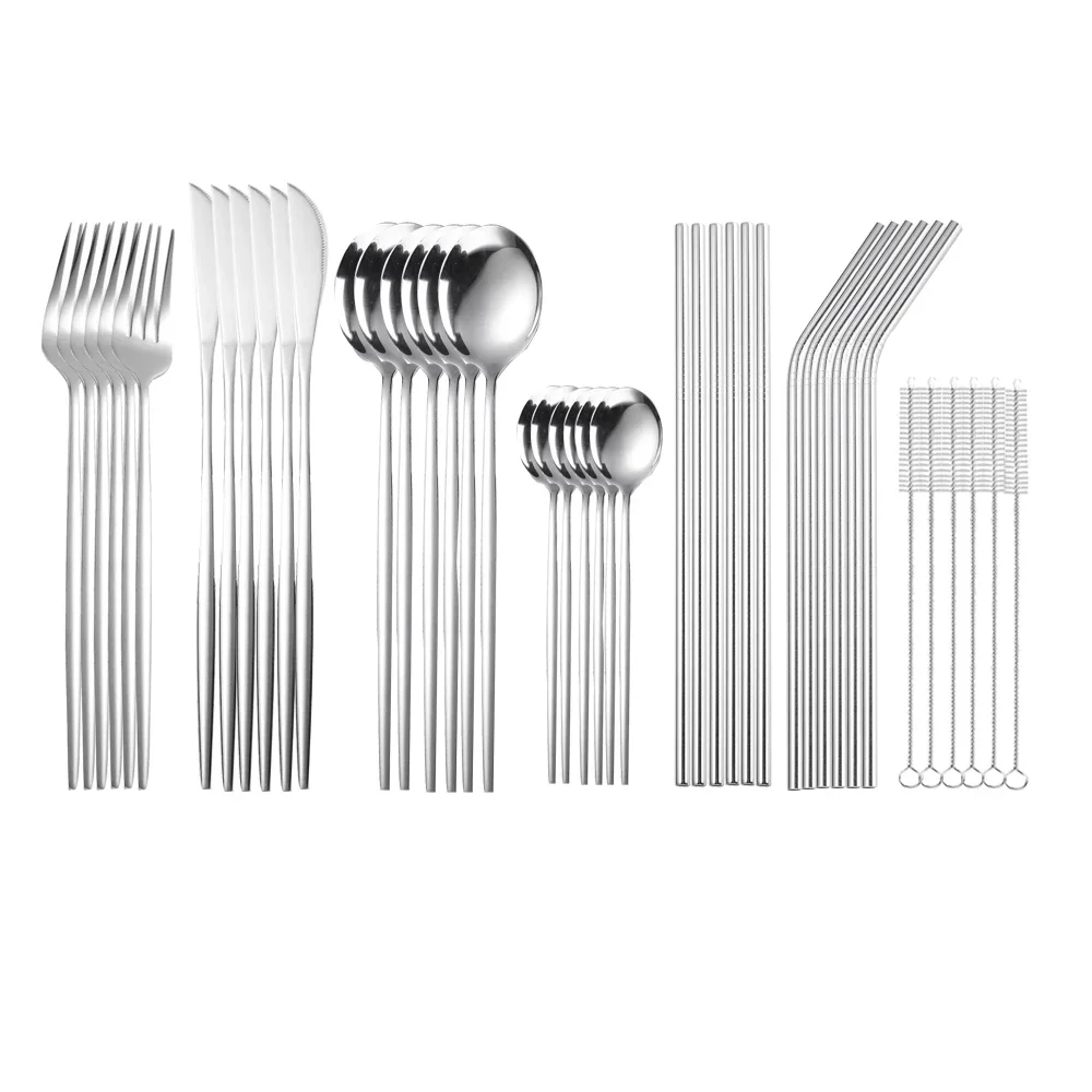 Mirror straw fork spoon knife 42pcs tableware set gold sets stainless steel cutlery set west dinnerware dinner sets Dropshipping