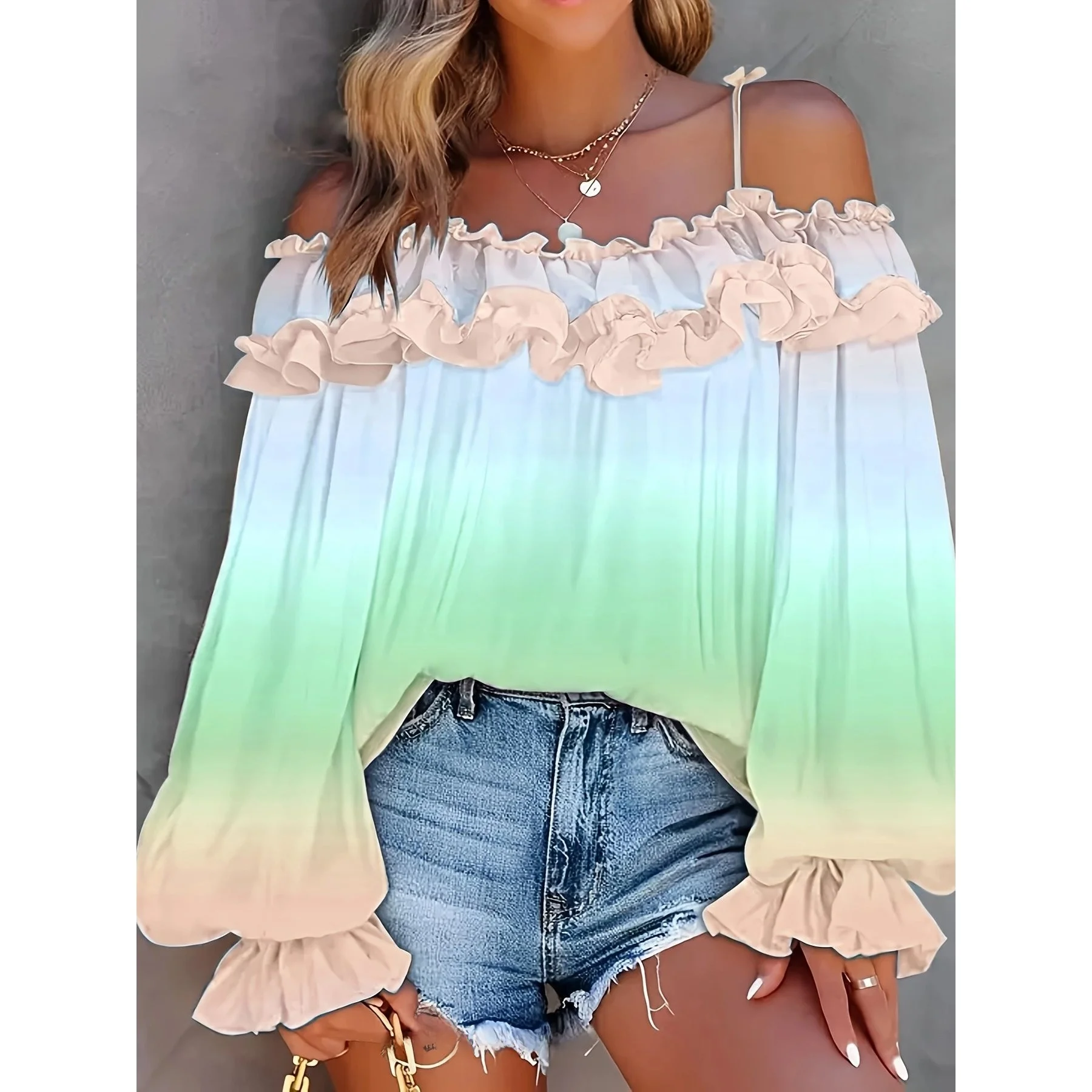 

Large Size oulder Bared adient Color Lace Top Women's Casual Sle Long Sve Polyester Blend Faion Summer irt