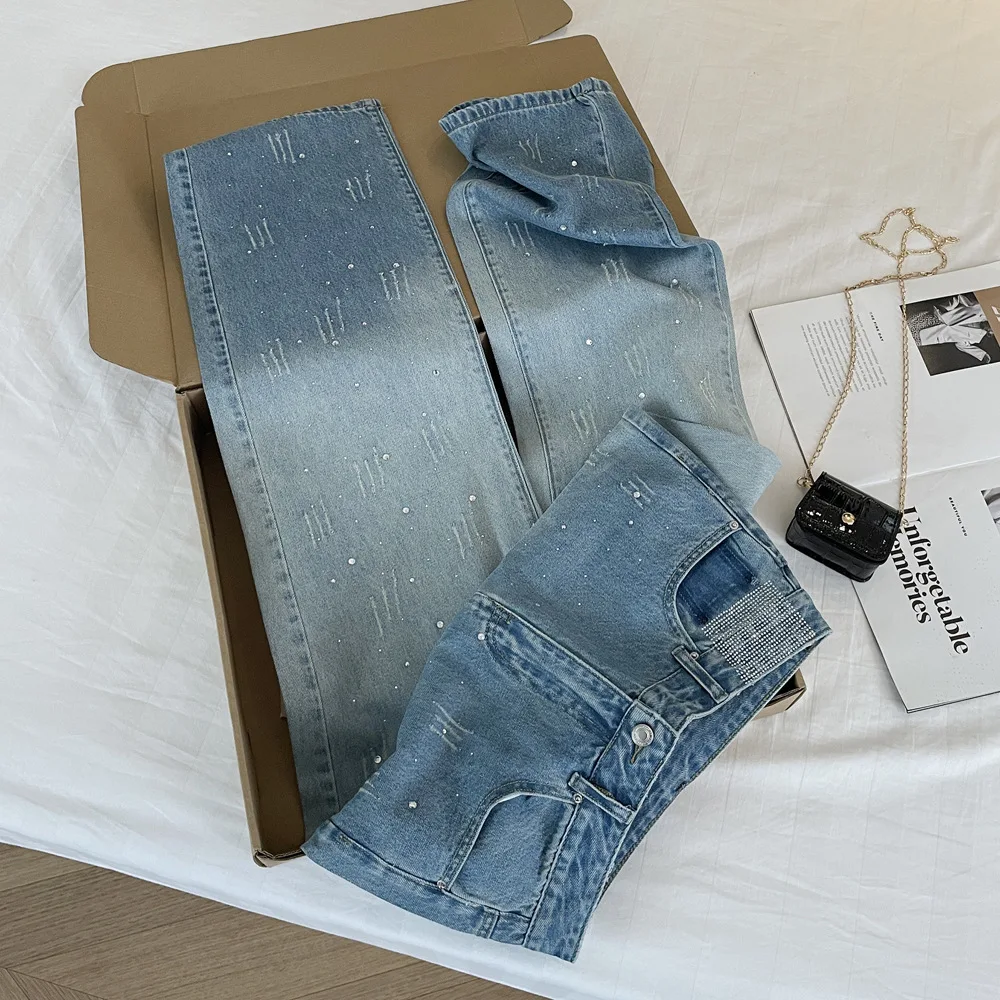 

Осенние синие джинсы с градиентом для женщин, рваные джинсовые брюки со стразами, корейские модные прямые брюки с высокой талией