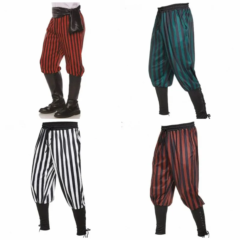 Mittelalterliche Renaissance Gotische Gestreifte Weite Bandagen-Hose Clown Piraten Cosplay Bühnenkostüm Freizeithose