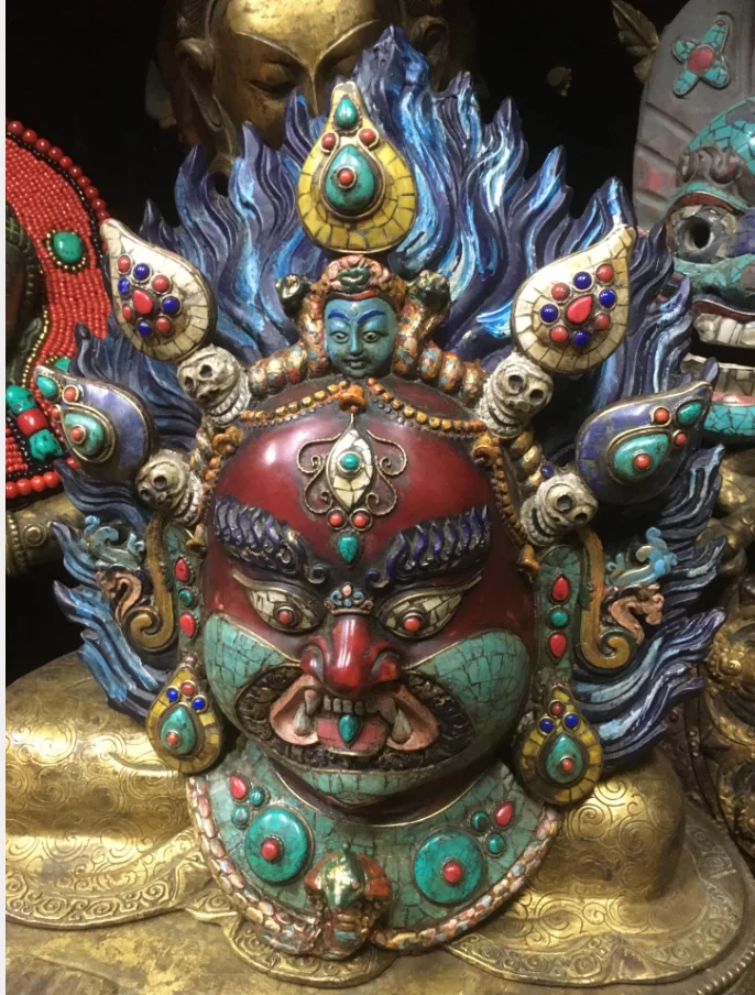 

China BudFree Shipping dhism Old Wood Handwork Carve Buddha Head Mahakala Inlaid Coral turquoise colorful gems Mask Statue