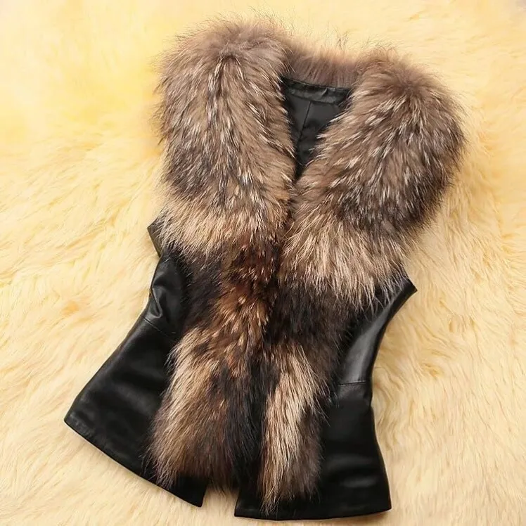 

Ladies Patchwork Vest Large Fur Collar Short Sleeve Rabbit Fur Trim Intelligent Style Women's Fashion Autumn Season Clothing