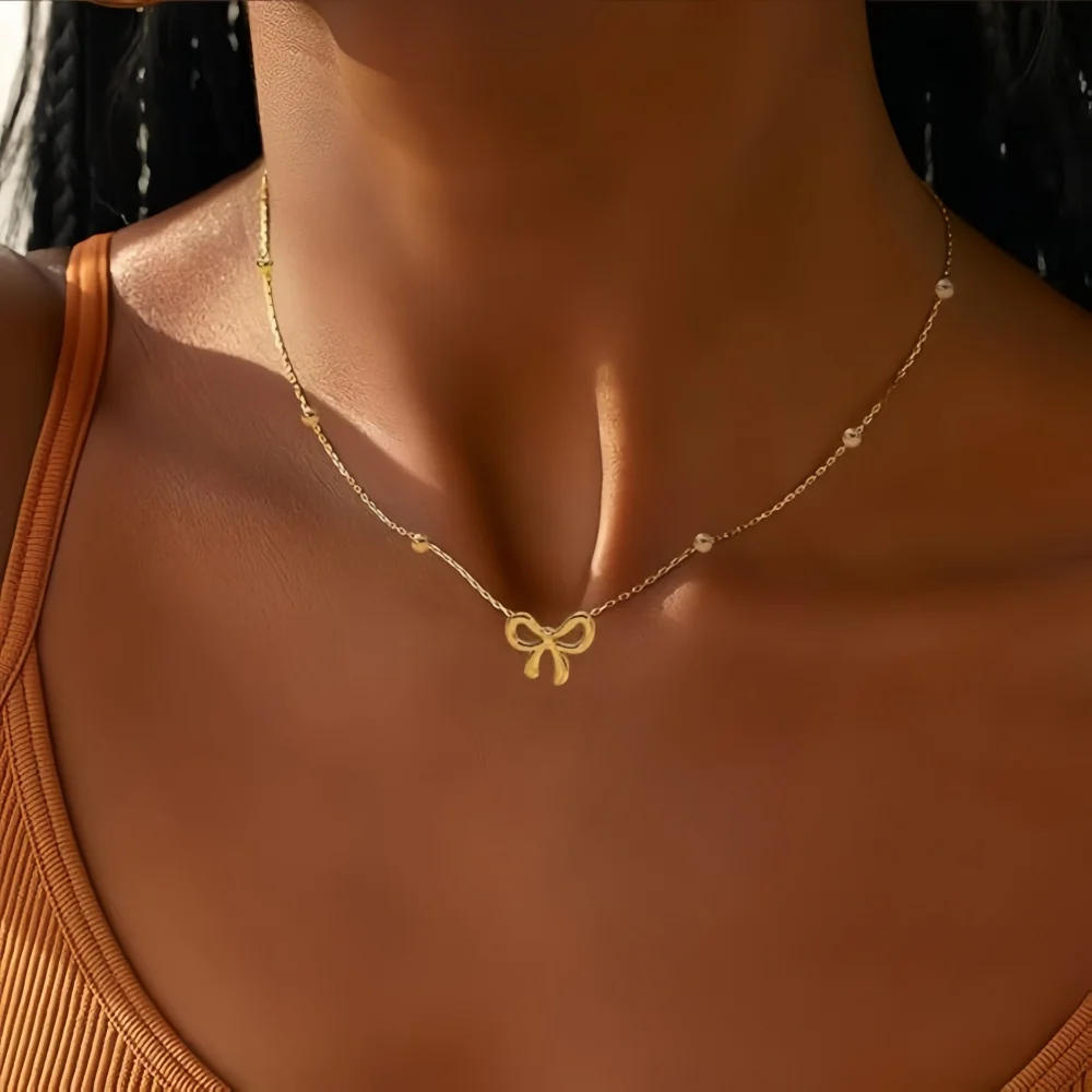 Edelstahl-Schleifenanhänger-Halskette, einfache Perlenkette, Schlüsselbeinkette für Damen, modischer Schmuck, Geschenk-Accessoires – Detail 2