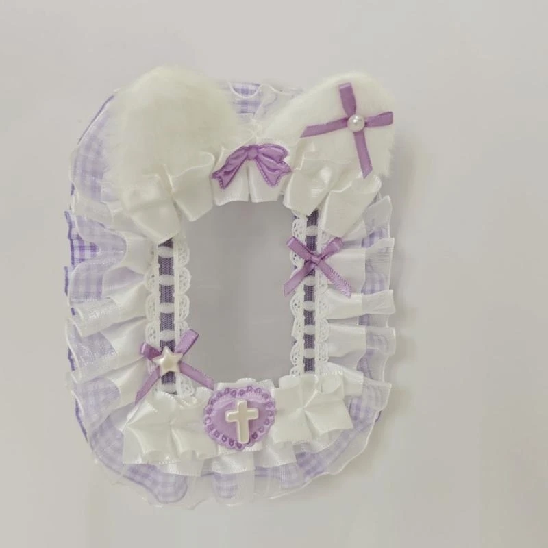 D46D Mèo sang trọng dễ thương Người giữ photocard với viền ren và tay áo cúp chuỗi đính cườm cho trang trí khóa hoặc túi quyến