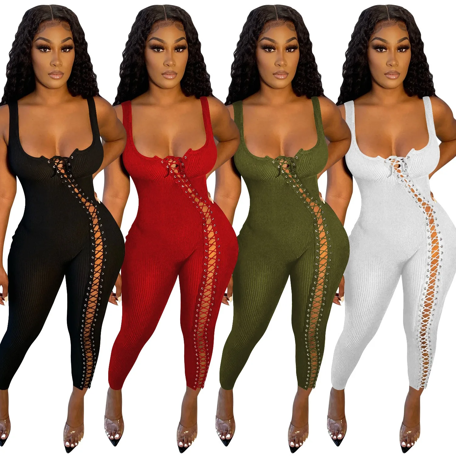 Sexy Nightclub Party Dance Gathering Club Banquet Solid-Color Slim-Fit Strappy Cutout Jumpsuit