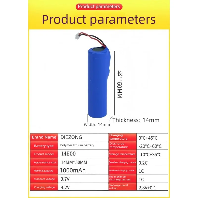 2 Pcs 14500 Rechargeable Lithium Batteries 3.7V 1000mAh for Flashlight Solar Lights Bluetooth Speaker Electric Toothbrush