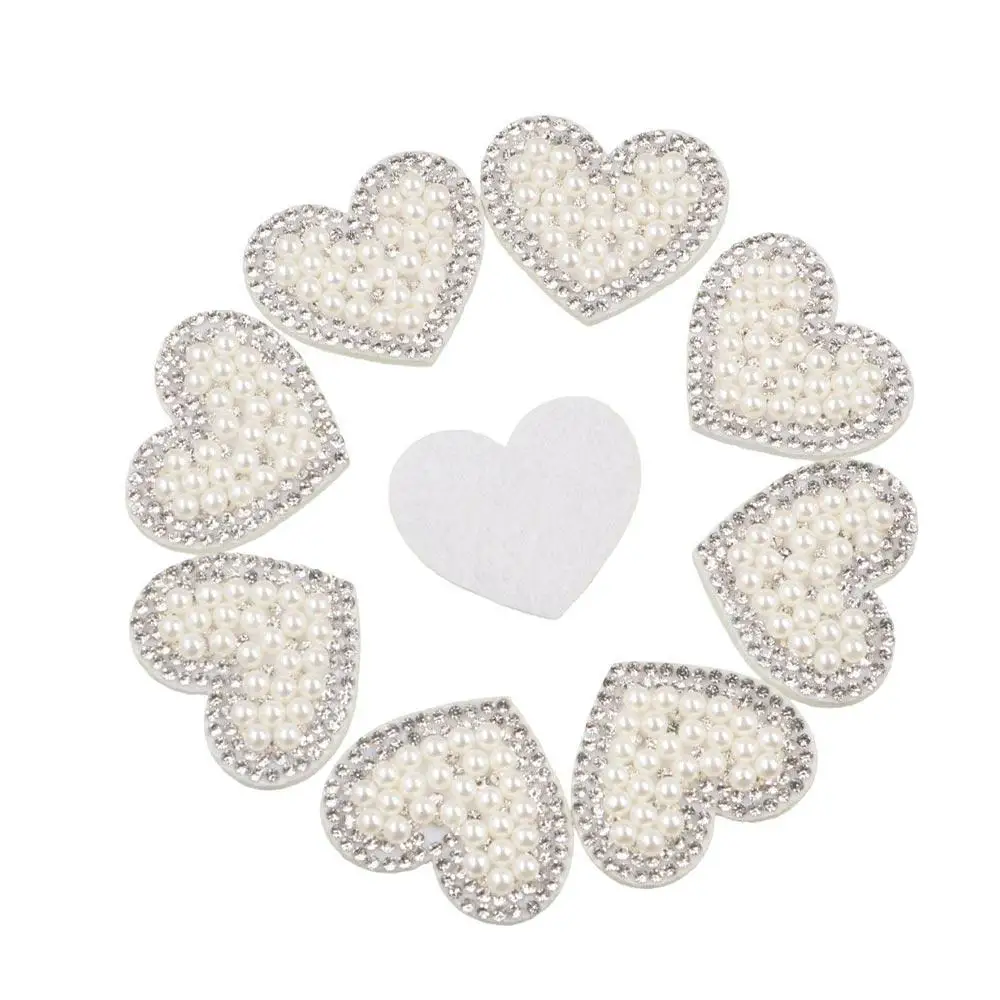 

10PCS DIY Heart Shape Heart Rhinestone Clothes Applique Pearl Beaded Iron on Pearl Patches Shiny Love Clothes Patches Sewing