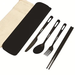 Pure Titanium Black Tableware Set Outdoor Camping Picnic Knives Forks Spoons Chopsticks, Equipment Portable Titanium Tableware