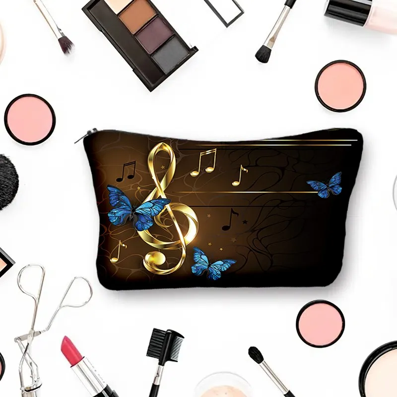 Portable Stylish Cosmetic Bag Musical Symbol Butterfly Linen Fabric Makeup Organizer With Zipper Closure Storage Bags