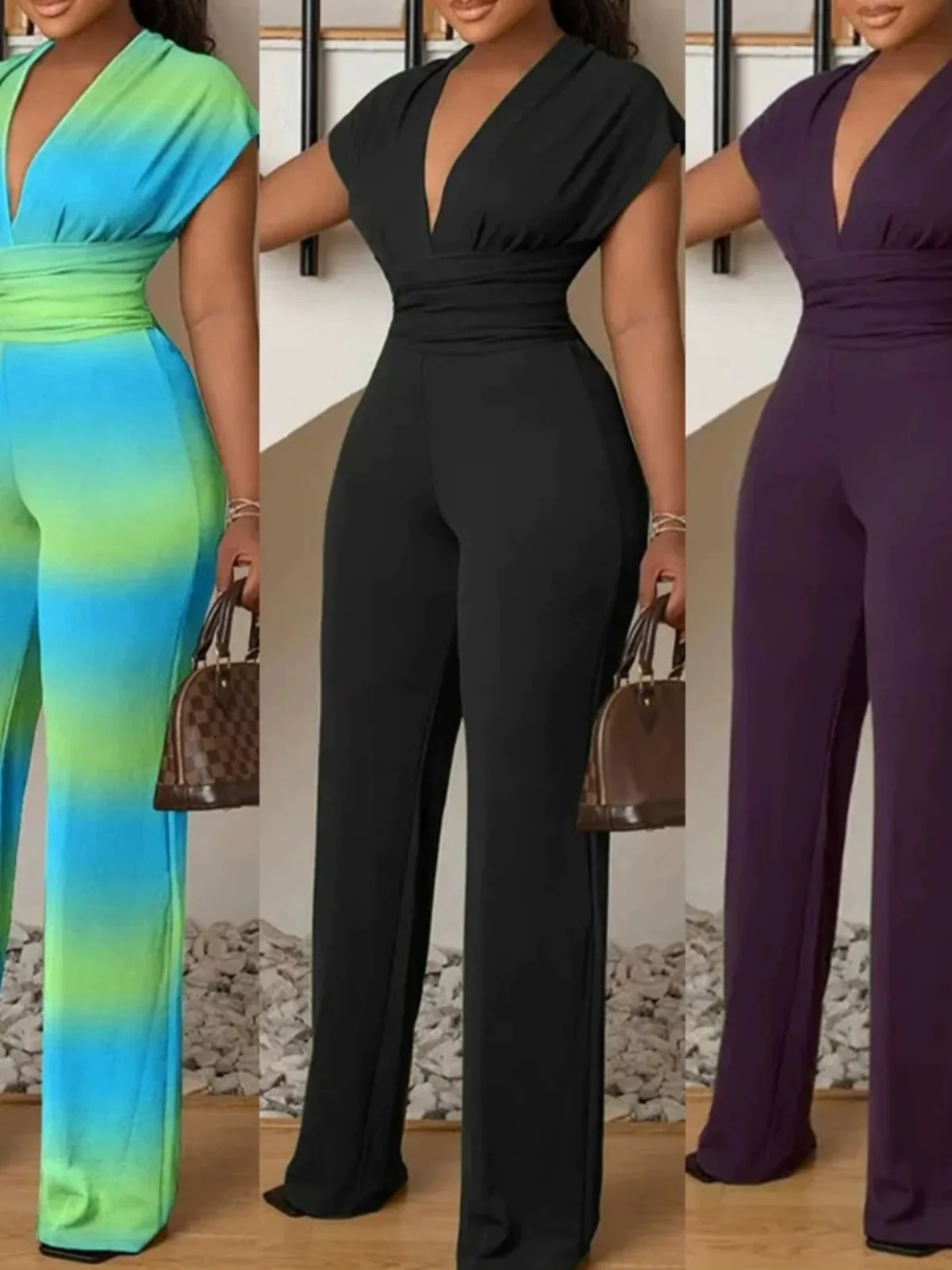 

Женский комбинезон с глубоким V-образным вырезом и завышенной талией, уличный стиль, длинные брюки, простые модные повседневные брюки