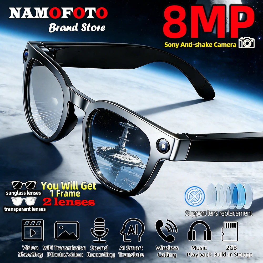

2026 New Upgrade AI Smart Glasses 8MP Camera 1080P Video Shooting Real-time Translation Men Women BT Call Music Play Sunglasses