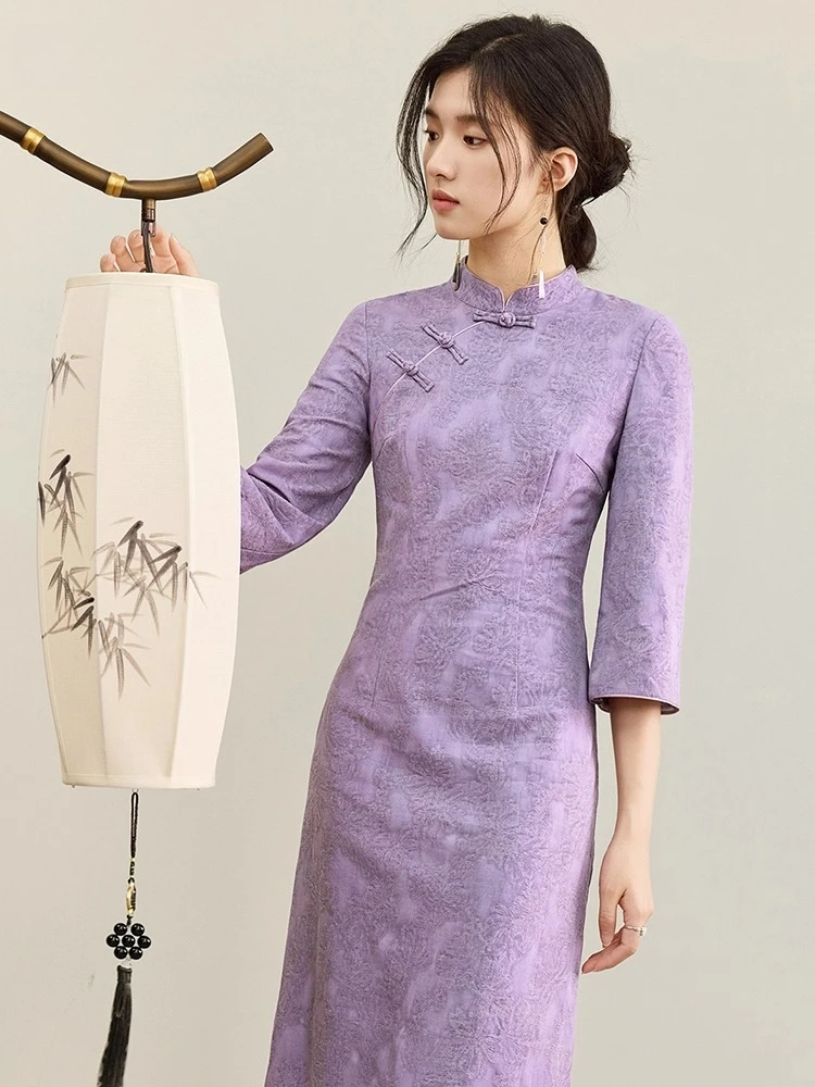 SENTUBILA Women's Elegant Stand Collar Dress 2025 Autumn New Chinese Style Frog Buttons Three Quarter Sleeve Dress Q53LI3773