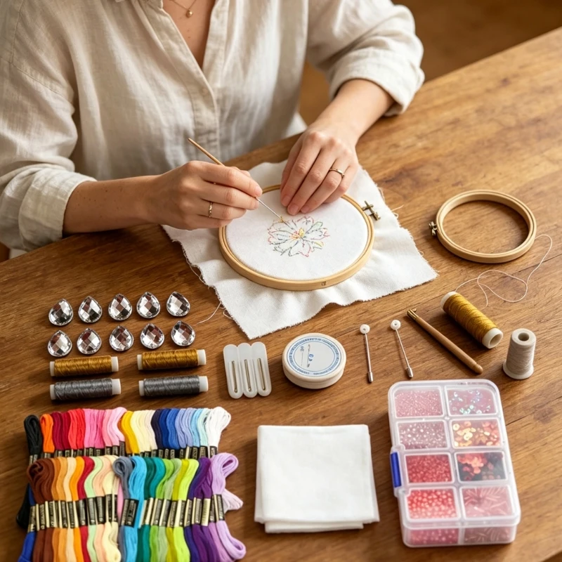 19 Piece Embroidery Craft Set With Organized Storage for DIY Thread Work