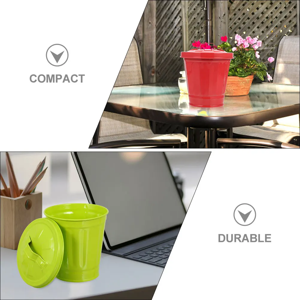 

2pcs Desktop Trash Can With Lid Mini Garbage Bin For Office Iron Wastebasket Multi-Function Pen Holder Flower Pot Space Saving
