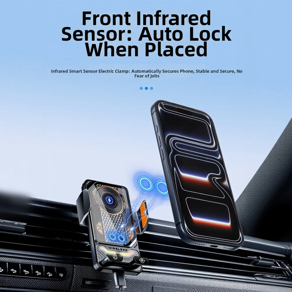 

Qi-Certified 15W Wireless Car Charger with Auto-Clamping Design and Single-Button Rotation for iPhone 12 to 15 S22 S23