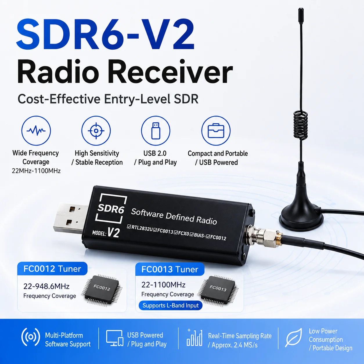 SDR6‑V2 Radio Receiver RTL2832U RTL‑SDR Software Defined Radio FC0012 / FC0013 Tuner 22‑1100MHz L‑band Input SDR Receiver