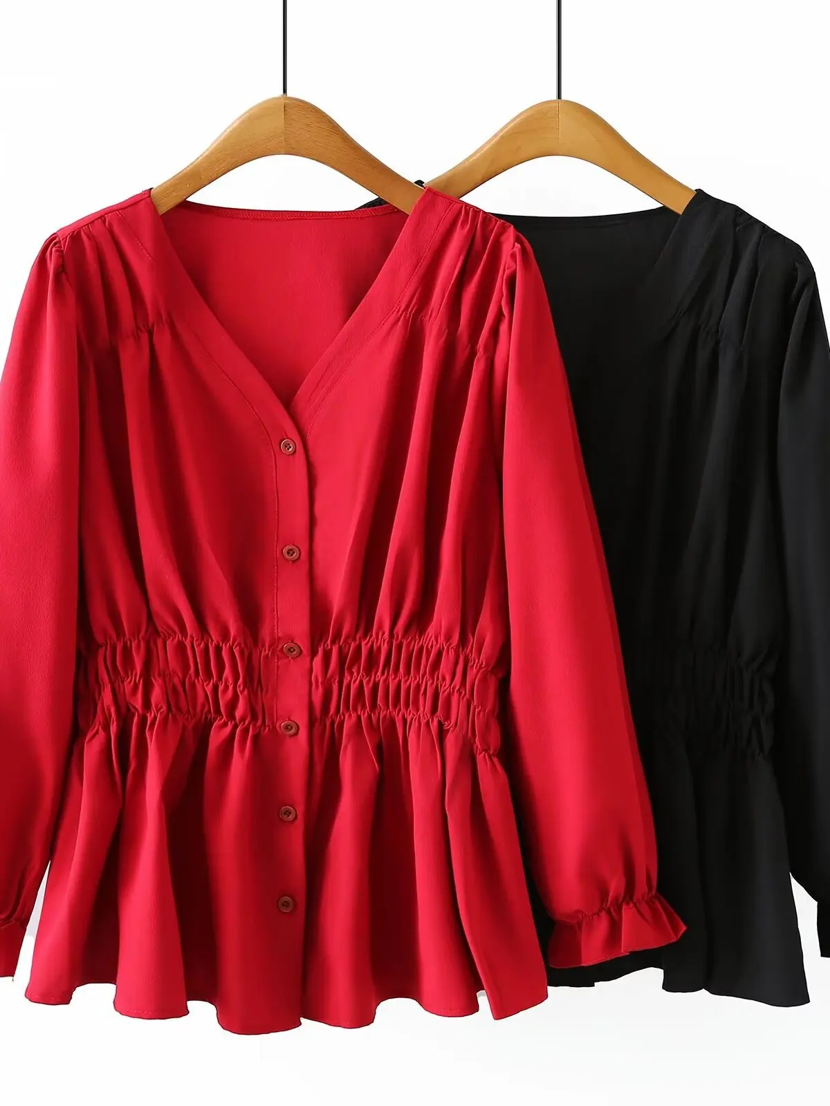 

Slimming V-Neck Pleated Waist-Cinching Single-Button Korean Style Plus-Size Women's Shirt Fashionable Midi Doll Shirt