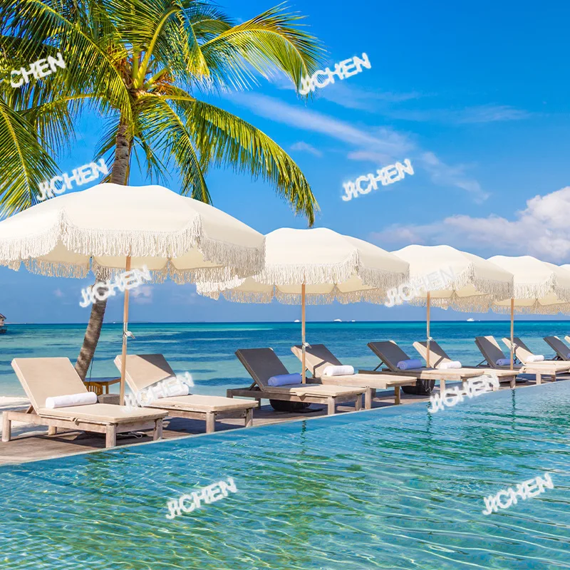 

ZQR Beach Umbrella With Fringe UPF 50+ Wood Pole Foldable Umbrella For Holiday Garden Lawn Pool Yard Table