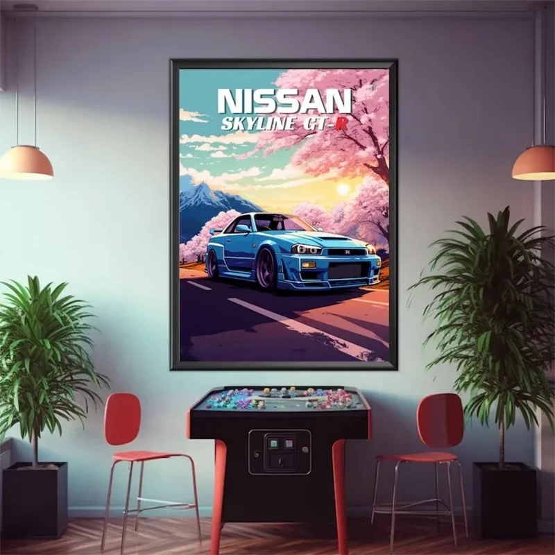 Japanese Retro Car 1990s Classic Car Nissan Skyline GT-R R34 Poster Prints Canvas Painting Wall Art Pictures Home Interior Decor