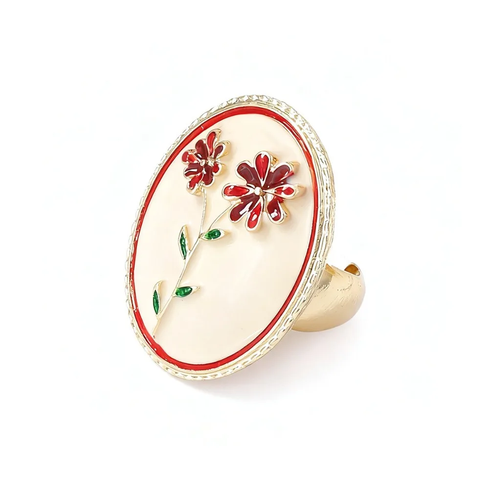 Pomegranate Printing Enamel Flower Ethnic Style Ring Heart-shaped Zinc Alloy Vintage Metal Geometric Ring Colorful