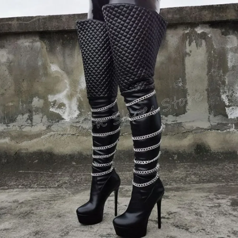 Zwarte Platform Chain Decor Laarzen Over de Knie Stiletto Hoge Hakken Hoge Hak Schoenen voor Vrouwen Hakken 2025, Nieuwe Zapatos Para Mujere