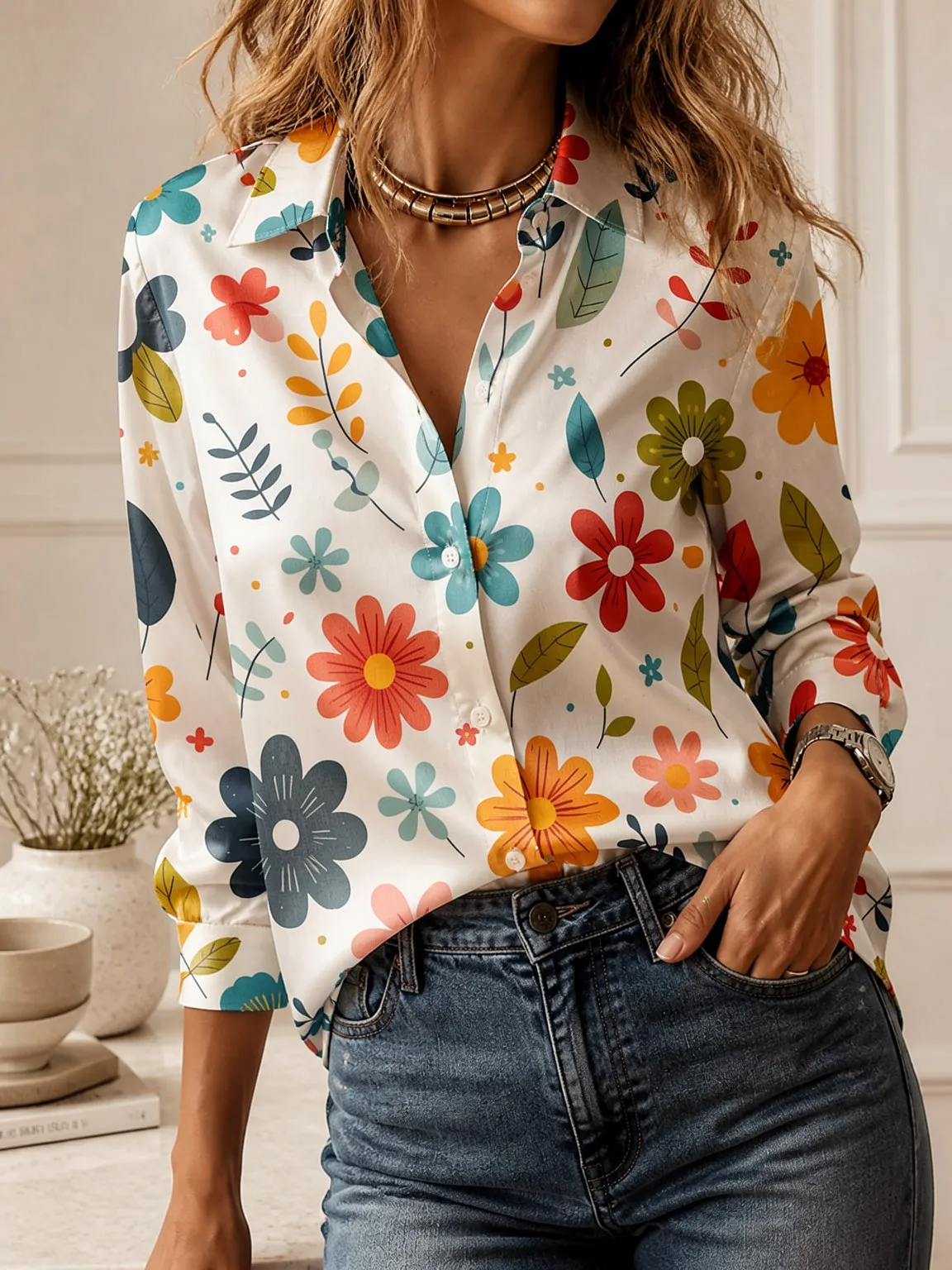 Versatile Daily Lapel Shirt, Ladies Long Sleeve Relaxed Fit Button Front Top for Office Street Dating - view 4