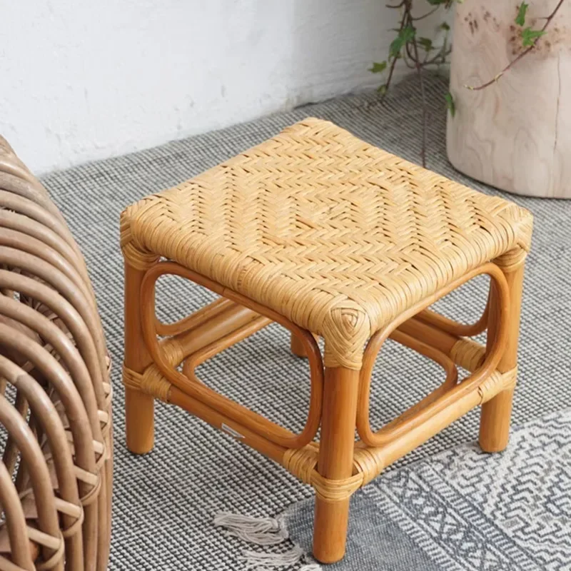 Nordic Ins Rattan Woven Low Stool Retro Homestay Small Bench Art Pastoral Family Child Chair Simple Living Room Stool