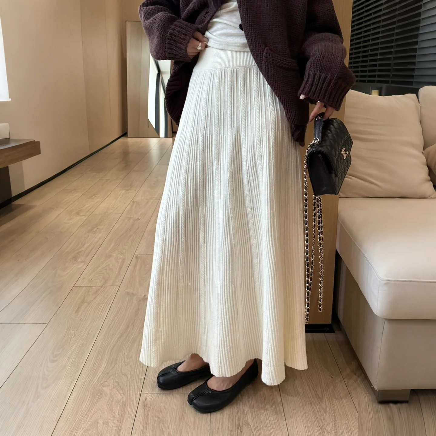 

Корейская юбка трапециевидной формы с высокой талией, женская осенне-зимняя трикотажная юбка, теплая длинная юбка