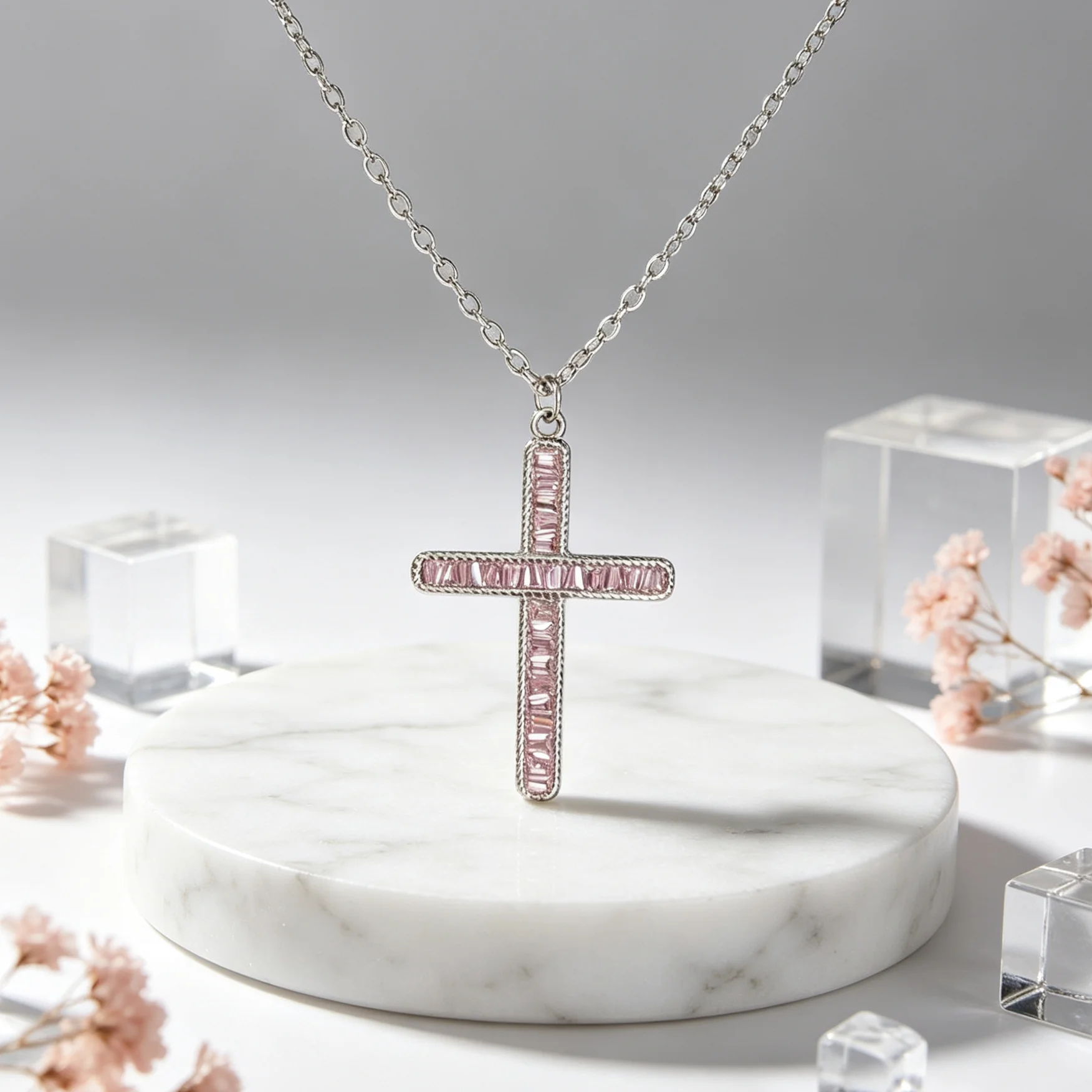

Silver Copper Pink Zircon Cross Pendant Necklace, Vintage Religious Crystal Chain Necklace for Women Daily Jewelry Gift
