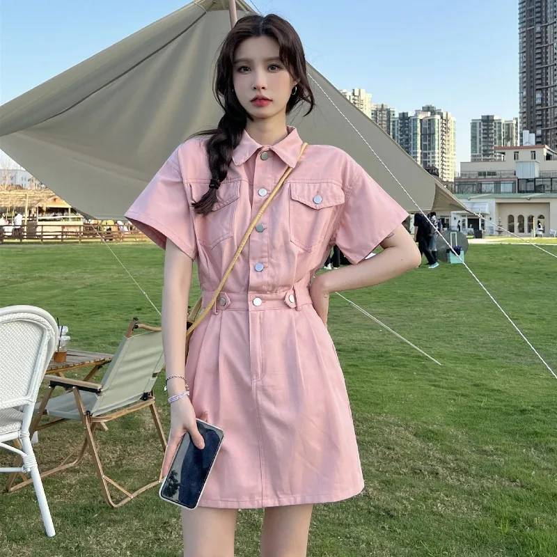 

Girls Sweet Polo Neck Solid Color Dress Front and Back Pockets Button vestidos Summer New Japanese Women Short Sleeve Dress 원피스