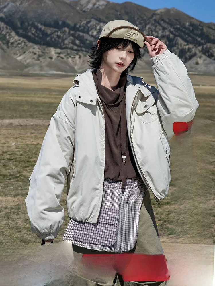 

Saoe Japanese Sle Workwear Jaet Cotton Coat with Hood Pilot Jaet ort Outerwear for Women Street Sle Loose Fit