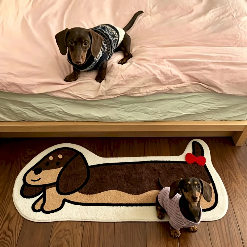 VIKAMA Wave Edge Striped Puppy Carpet Cute Cartoon Puppy Carpet Bedside Non slip and Absorbent Floor Mat Home Decoration